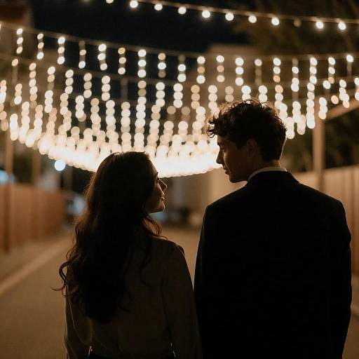 Silhouetted Couple Beneath String Lights