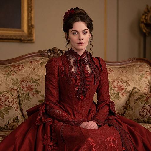 Photograph of a pale-skinned woman with dark hair in an updo, wearing a detailed, dark red Victorian dress, seated on a floral-pattern