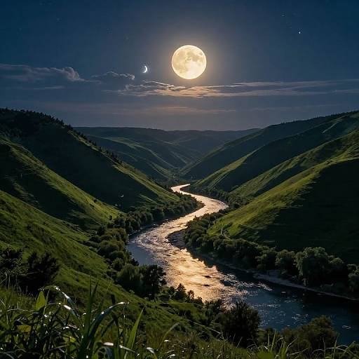 Moonlit Tranquil Valley Landscape