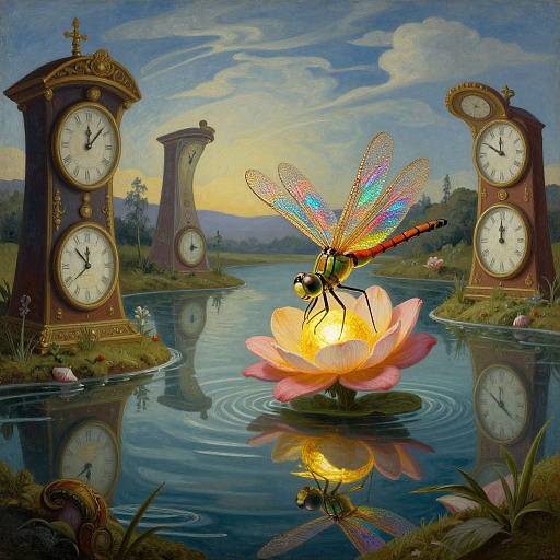 Fantastical painting: colorful dragonfly with iridescent wings perches on pink lotus in serene pond, flanked by ornate clocks,