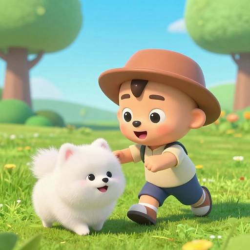 Happy Boy Playing with Pomeranian Puppy