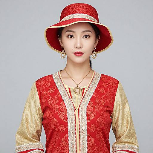 Elegant Woman in Red and Gold Outfit