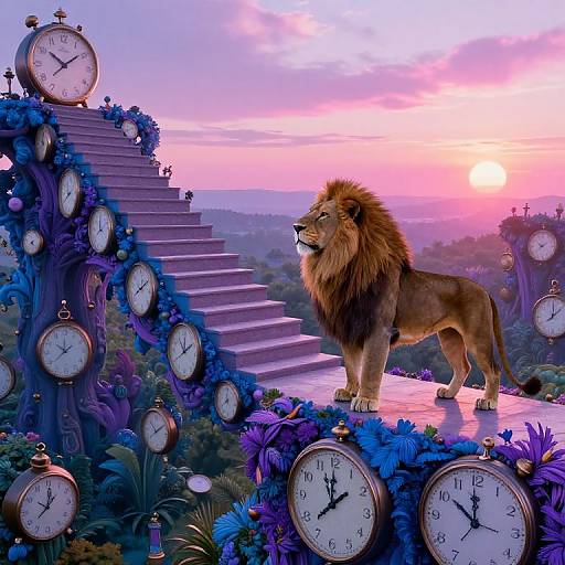 Digital artwork: Majestic lion stands on clock-covered pedestal at sunset, surrounded by purple flowers and clock-steps, with a pink-purple sky.