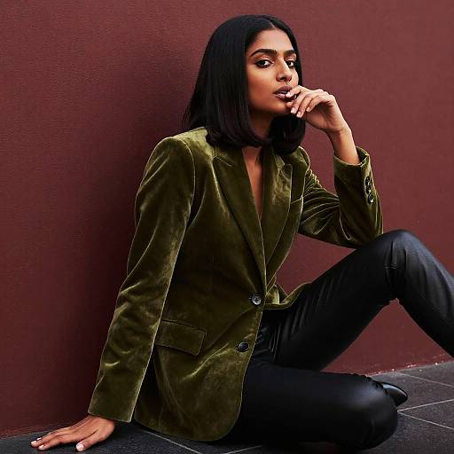 Photograph of a stylish Black woman with straight black hair, wearing a green velvet blazer, black pants, and black shoes, sitting against a mar