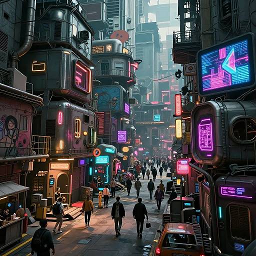 Neon-lit, cyberpunk city street at dusk with crowded pedestrians, futuristic buildings, vibrant neon signs, and a misty skyline. Digital art