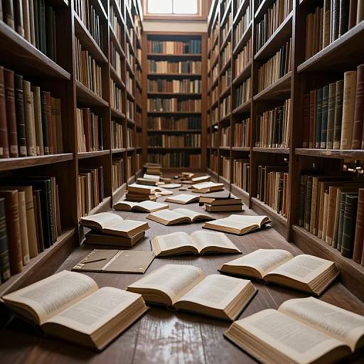 Photograph of a library aisle with wooden shelves, filled with books, and scattered open books on the dark wooden floor.