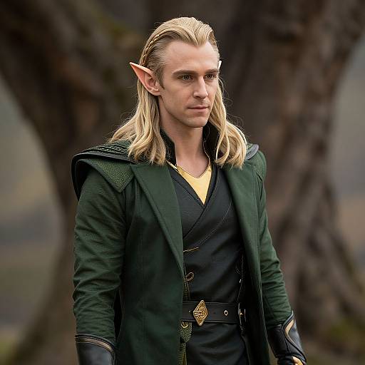 Photograph of a blonde, elf-like man with pointed ears, wearing a dark green, medieval-style jacket over a black shirt, standing in a forest