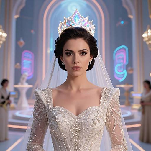 Photograph of a beautiful woman in a detailed white wedding gown with intricate beading, wearing a sparkling tiara and veil, standing in a grand,