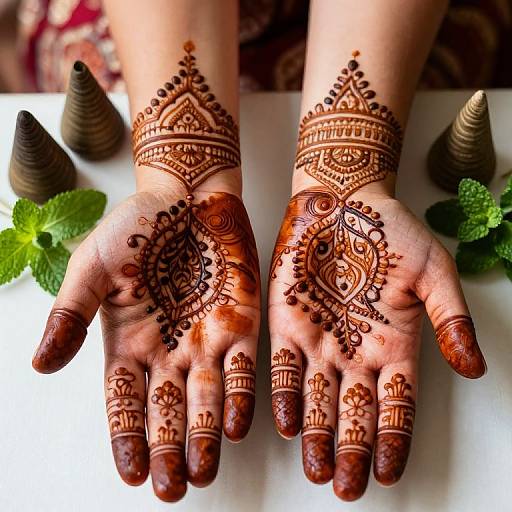 Photograph of two hands with intricate henna designs, palms facing up, surrounded by small conical objects and green mint leaves.