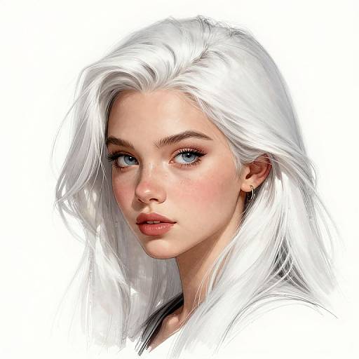 Digital painting of a beautiful young woman with white, flowing hair, blue eyes, and fair skin, looking directly at the viewer.