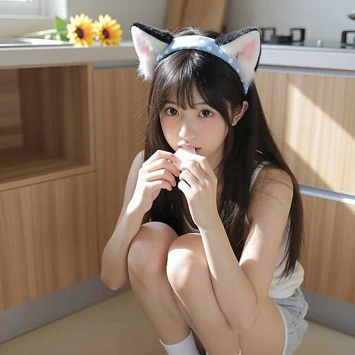 Young Woman with Cat Ears in Kitchen