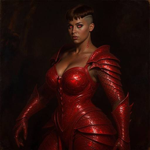 Photorealistic digital artwork of a fierce, dark-skinned woman with short, undercut hair, wearing shimmering red, scale-like armor, against a