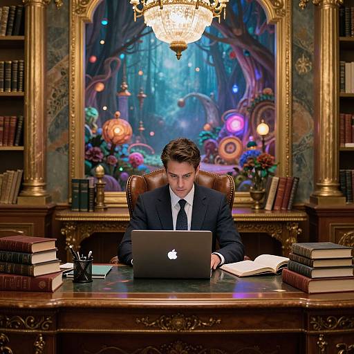 Photograph of a serious man in a navy suit, white shirt, and black tie, working on an Apple laptop in an ornate, book-filled
