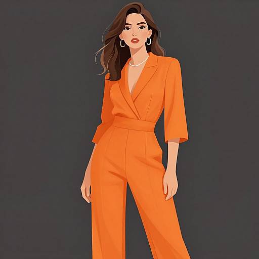 Digital illustration of a confident woman with long brown hair, wearing an orange tailored suit, standing against a dark background.