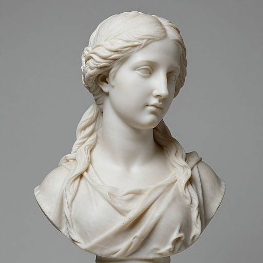Photograph of a classical white marble bust of a young woman with a braided hairstyle, draped in a soft, flowing garment.