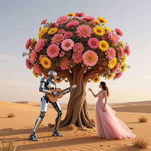 Photorealistic CGI: Robot with guitar and pink dress woman under vibrant flower tree in desert, sunlight casting soft shadows.