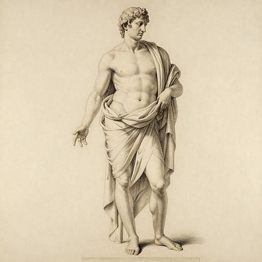 Sepia-toned classical sculpture of a muscular, youthful male figure with short curly hair, draped in a flowing cloth, standing with one arm extended and