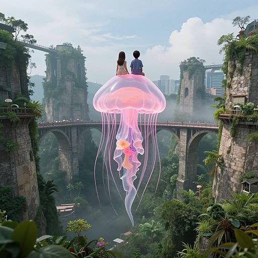 Digital art: Romantic scene with silhouetted couple sitting on glowing pink jellyfish, floating above ruined, overgrown cityscape with arches and