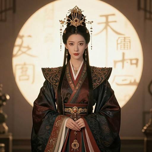 Photograph of an Asian woman in traditional, ornate black and red Chinese hanfu with intricate gold embroidery, standing in front of a large, illuminated