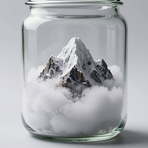 Photograph of a clear glass jar containing a miniature snow-capped mountain surrounded by white, fluffy clouds.