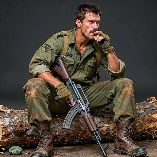 Intense Soldier on a Log: Rugged Portrait