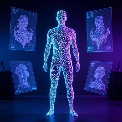 Neon blue and purple holographic wireframe figure with intricate patterns, surrounded by glowing holographic portraits of women on dark background.