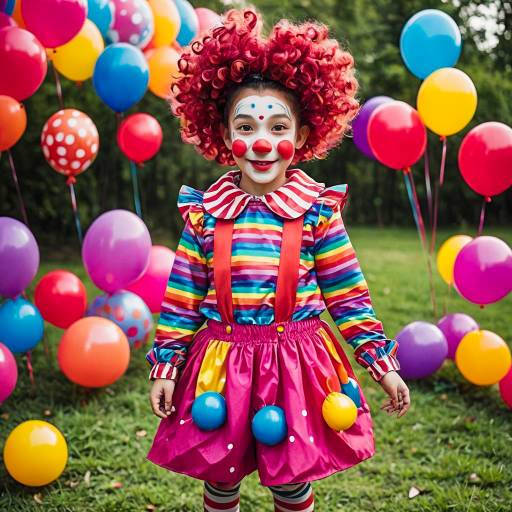 Child in Colorful Clown Costume with Balloons