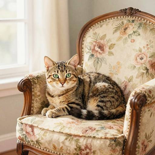 Cozy Tabby Kitten on Vintage Armchair