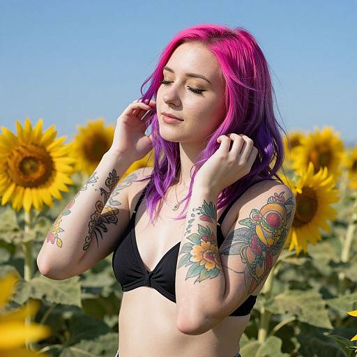 Young Woman with Colorful Hair in Sunflower Field