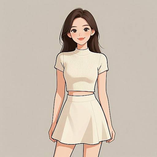 Digital anime-style drawing of a young woman with long black hair, fair skin, wearing a white ribbed crop top and white skirt, standing against a