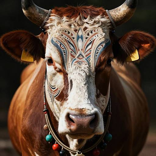 Photograph of a brown and white cow with intricate facial paint, adorned with colorful beaded necklace and earrings, facing the camera.