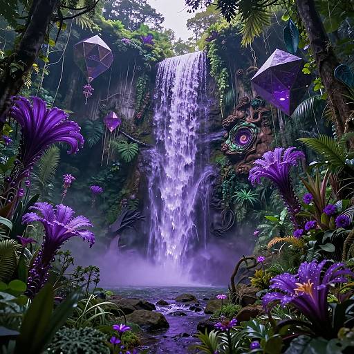 Digital artwork of a vibrant jungle waterfall with cascading purple water, surrounded by lush greenery, purple flowers, and floating paper lanterns.