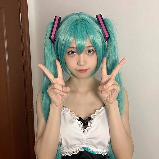 Young Woman with Turquoise Hair Peace Sign