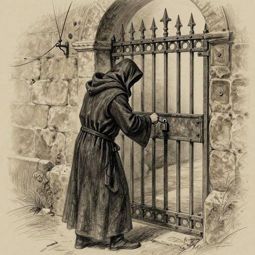 Ink drawing: Hooded medieval figure in dark robe unlocking ornate iron gate of stone archway, with small skull sculpture to left.