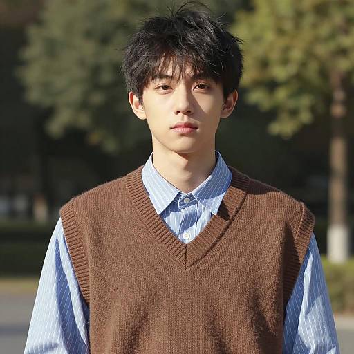 Photorealistic Portrait of Asian Teen in Sweater Vest