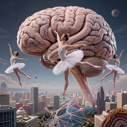 Photorealistic digital art of three ballerinas in white tutus dancing on a giant, pink, brain-shaped tree above a futuristic cityscape.