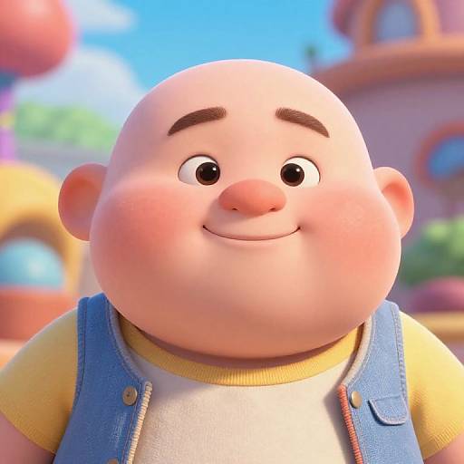 Close-up CGI image of a chubby, bald, smiling cartoon boy with large brown eyes, wearing a yellow shirt and blue vest, against a colorful,