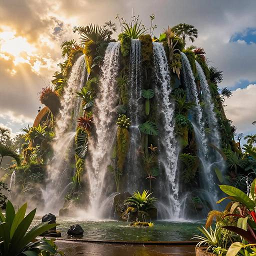 Photograph of a lush, multi-tiered waterfall cascading over a rocky, plant-covered cliff, bathed in sunlight with dramatic clouds, surrounded by