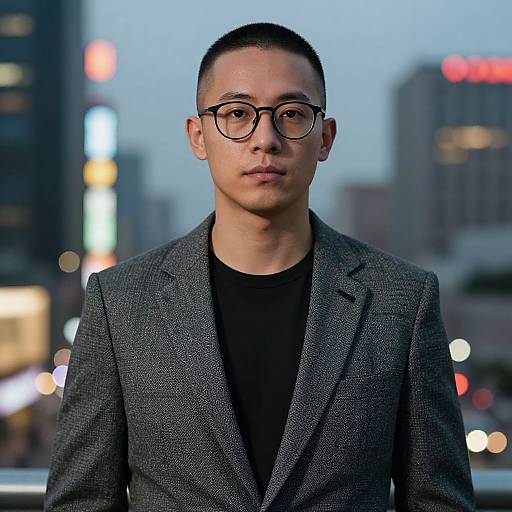 Photograph of an Asian man with short black hair, glasses, and a gray blazer over a black shirt, standing in a cityscape at dusk