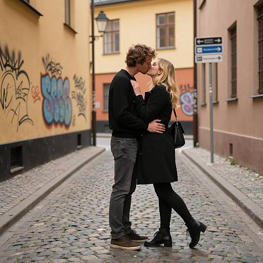 Couple Kissing in Cobblestone Alley