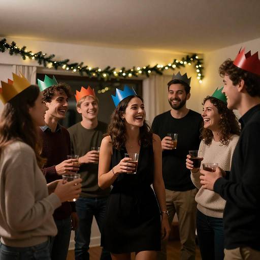 Friends Celebrating with Festive Paper Crowns