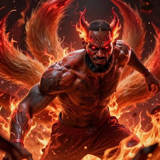 Digital art of a muscular, dark-skinned demon with glowing red eyes, fiery horns, and flames surrounding him, wearing red pants. Intense,