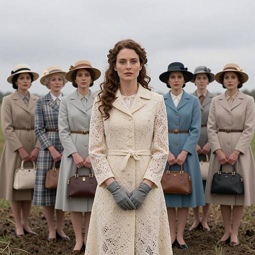 Woman in Cream Lace Coat with Vintage Group