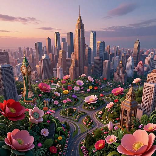 Digital artwork of a vibrant cityscape at sunset, featuring towering skyscrapers, colorful flower-filled parks, a clock tower, and winding roads.