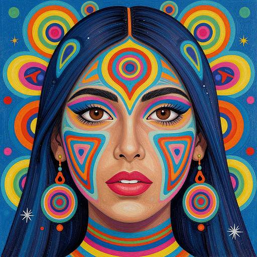 Digital painting of a woman with long black hair, colorful face paint, and vibrant geometric patterns, set against a blue background with circular designs.