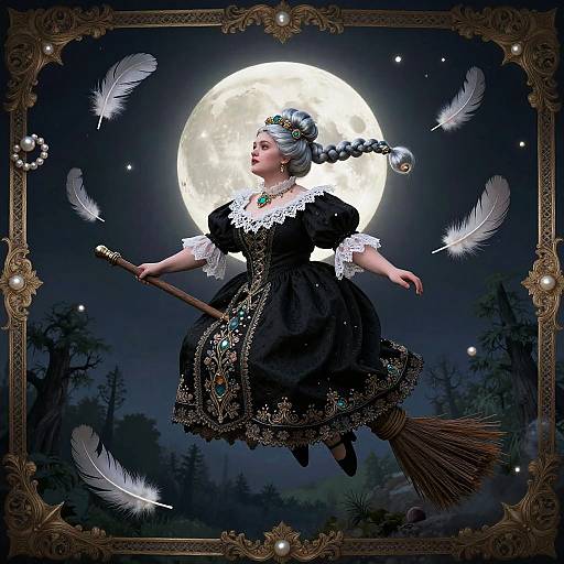 Whimsical Gothic Moonlit Broom-Riding Matron