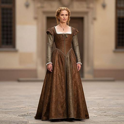 Photograph of a woman with wavy brown hair in a medieval-style brown dress with green sleeves and white lace collar, standing in a cobblestone