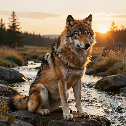 Sexy Furry Wolf by Stream at Sunset