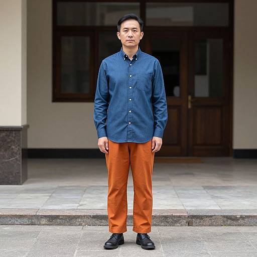 Photograph of a young Asian man standing in front of a building, wearing a blue button-up shirt, orange pants, and black shoes, with a