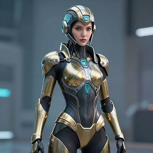 CGI image of a female cyborg with glowing blue accents, gold armor, and black bodysuit, standing in a futuristic, dimly lit